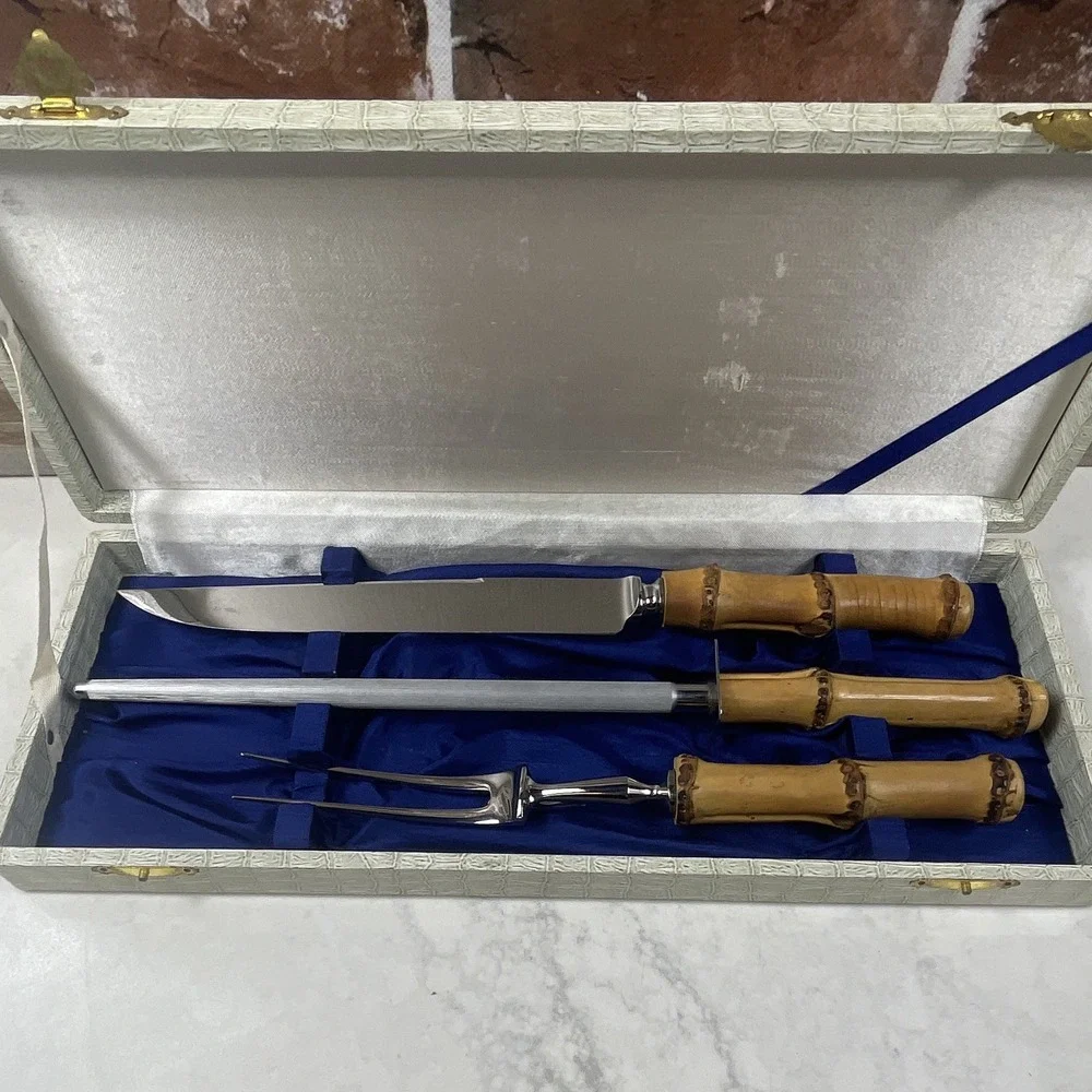 Vintage 3pc Carving Set Bamboo Wood Handles Knife Fork Steel w/ Case